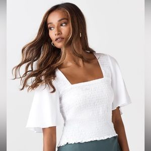 Vetta Capsule reversible smocked flutter sleeve blouse white tencel, extra small